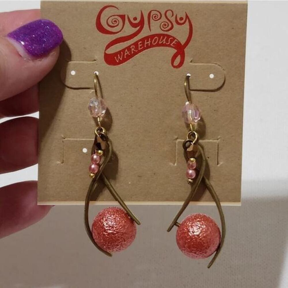 Treska Gypsy Pink‎ Beaded Bronze Sculptural Drop Earrings Boho Statement NEW